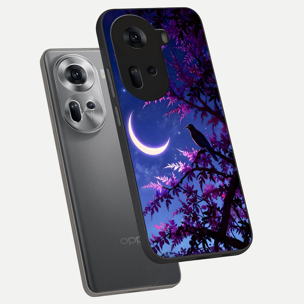  Crow And Moon Scenery phone case For Oppo Reno 11 5G showing premium glass back cover with detailed artwork