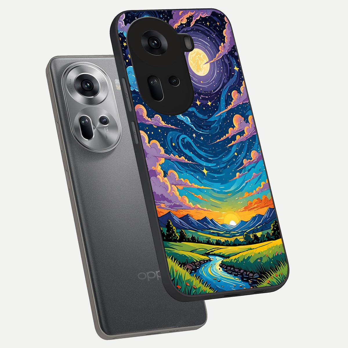  Dreamy Night Landscape phone case For Oppo Reno 11 5G showing premium glass back cover with detailed artwork