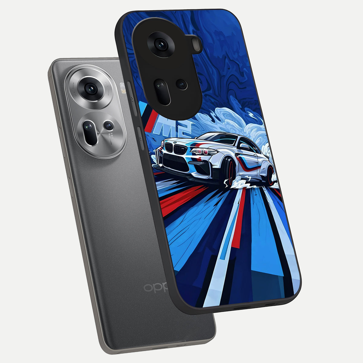  Drift Power Rush phone case For Oppo Reno 11 5G showing premium glass back cover with detailed artwork