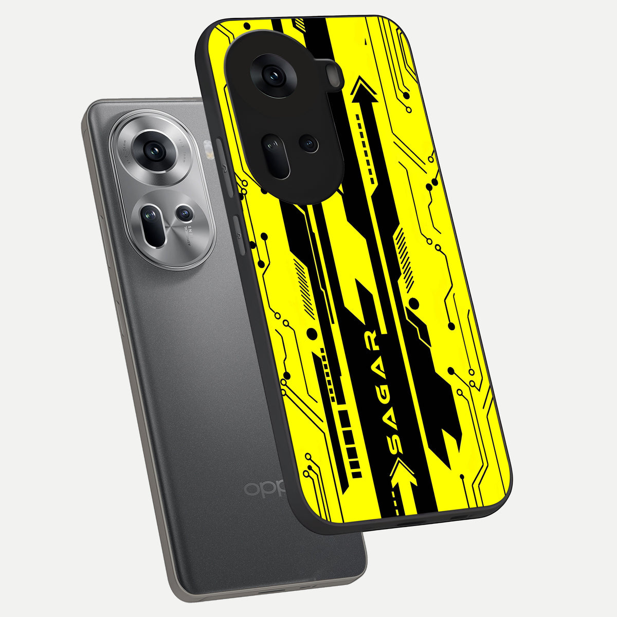  Electric Pulse CYBERPUNK Custom Name phone case For Oppo Reno 11 5G showing premium glass back cover with detailed artwork