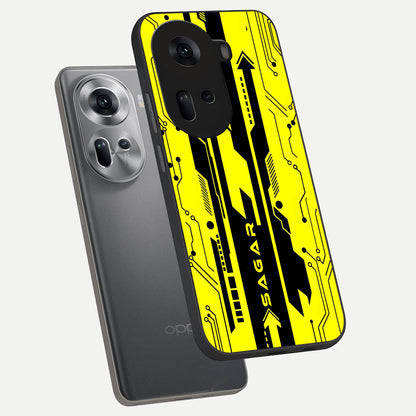  Electric Pulse CYBERPUNK Custom Name phone case For Oppo Reno 11 5G showing premium glass back cover with detailed artwork
