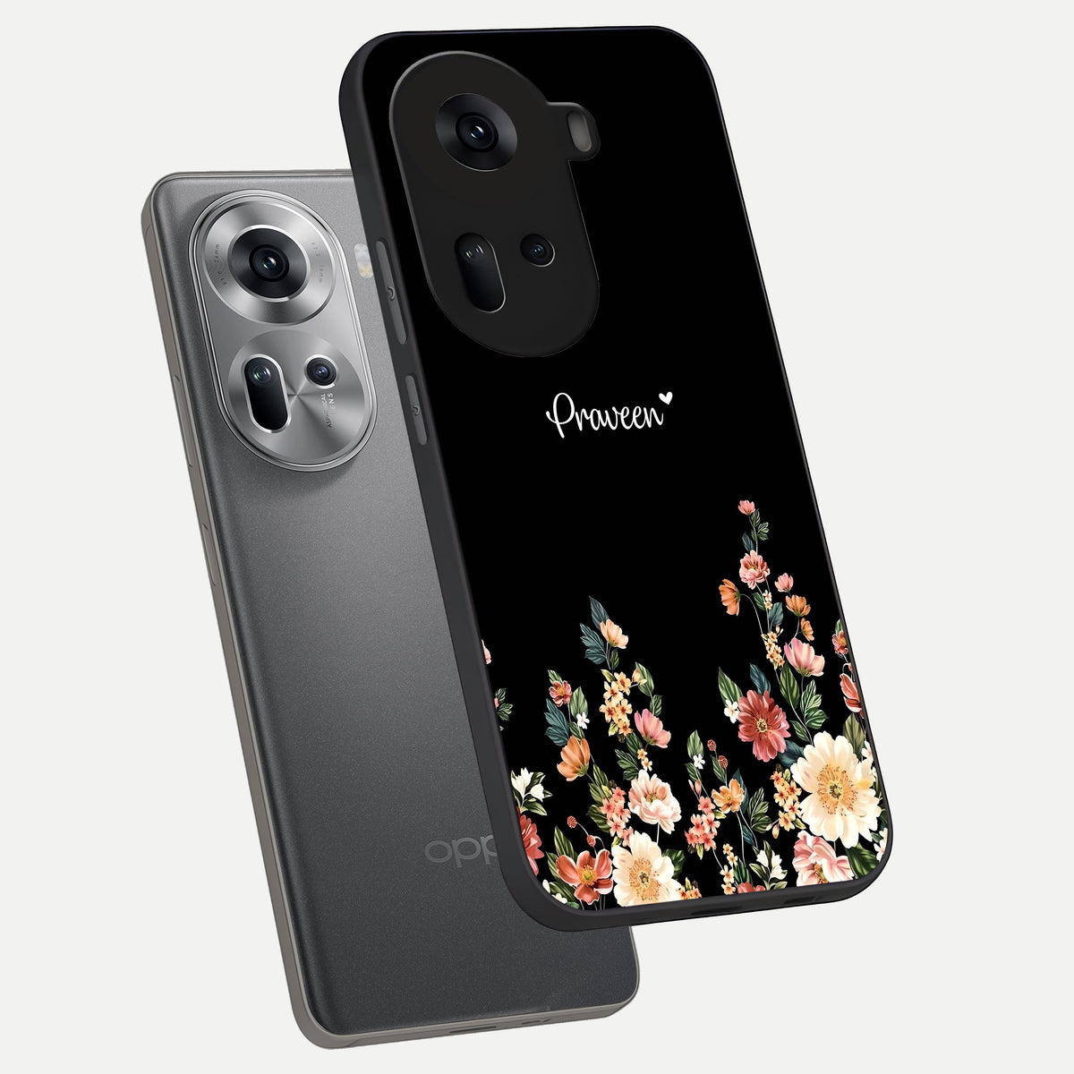  Floral Design Personalized Custom Name phone case For Oppo Reno 11 5G showing premium glass back cover with detailed artwork