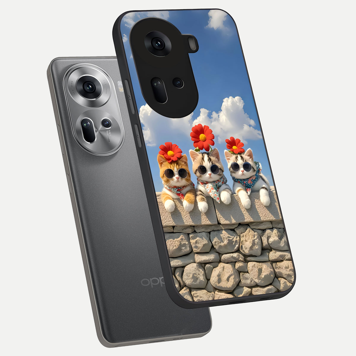  Floral Kitty Squad phone case For Oppo Reno 11 5G showing premium glass back cover with detailed artwork