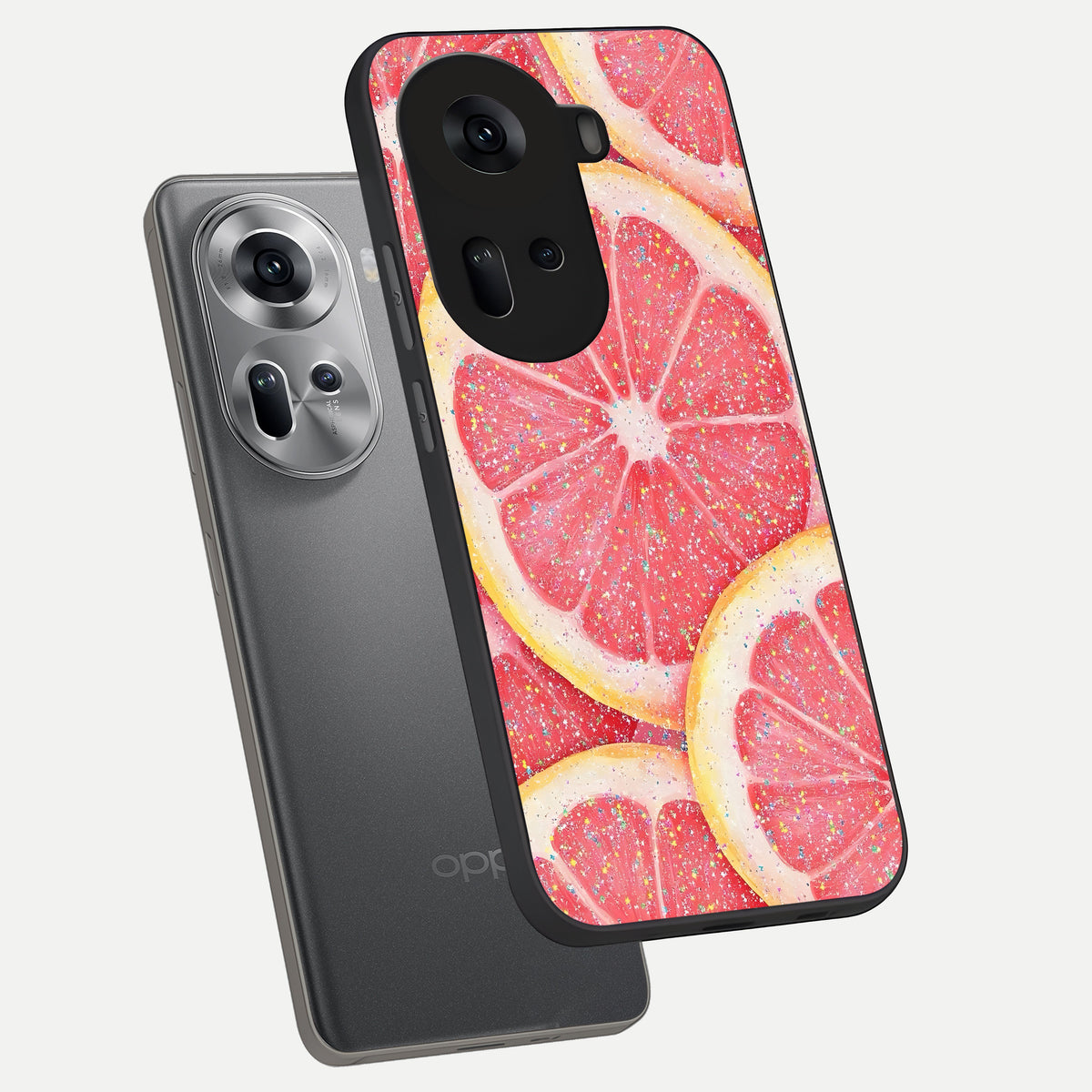  Glitter Grapefruit phone case For Oppo Reno 11 5G showing premium glass back cover with detailed artwork