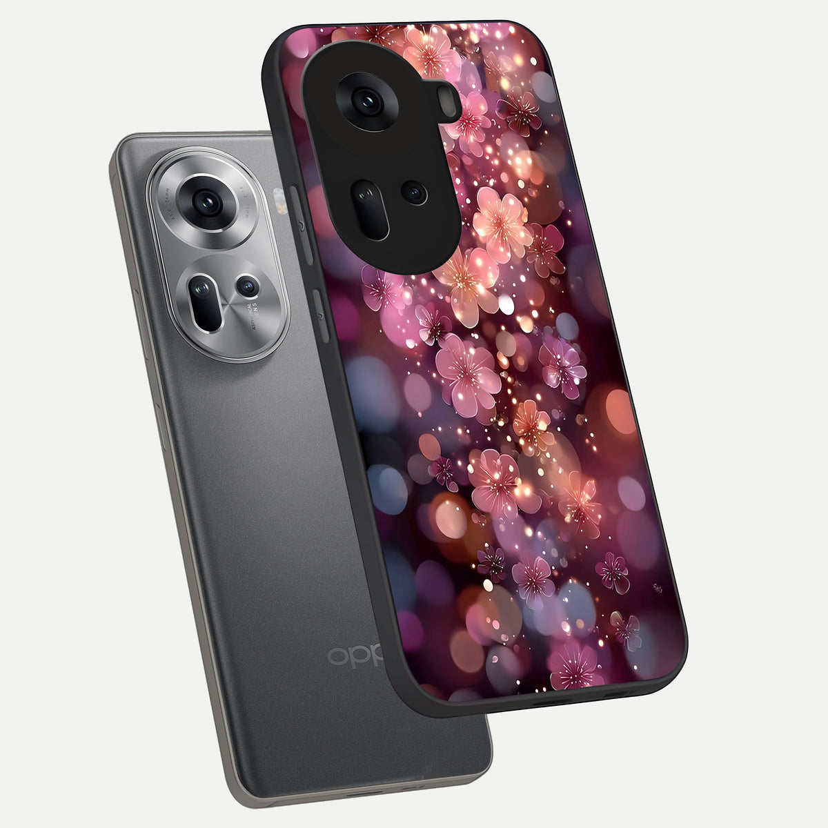  Glowing Petal Bliss phone case For Oppo Reno 11 5G showing premium glass back cover with detailed artwork