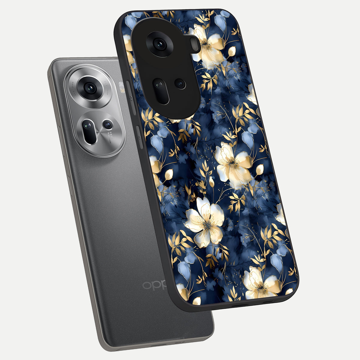  Golden Midnight Bloom phone case For Oppo Reno 11 5G showing premium glass back cover with detailed artwork
