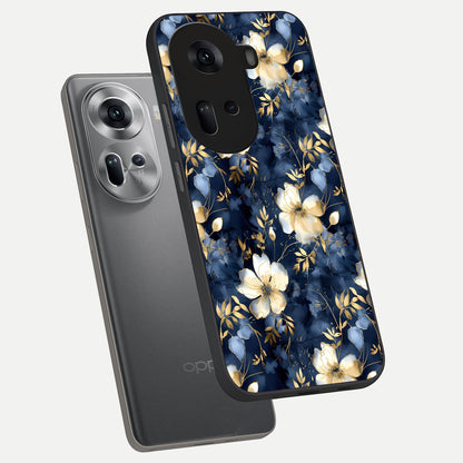  Golden Midnight Bloom phone case For Oppo Reno 11 5G showing premium glass back cover with detailed artwork