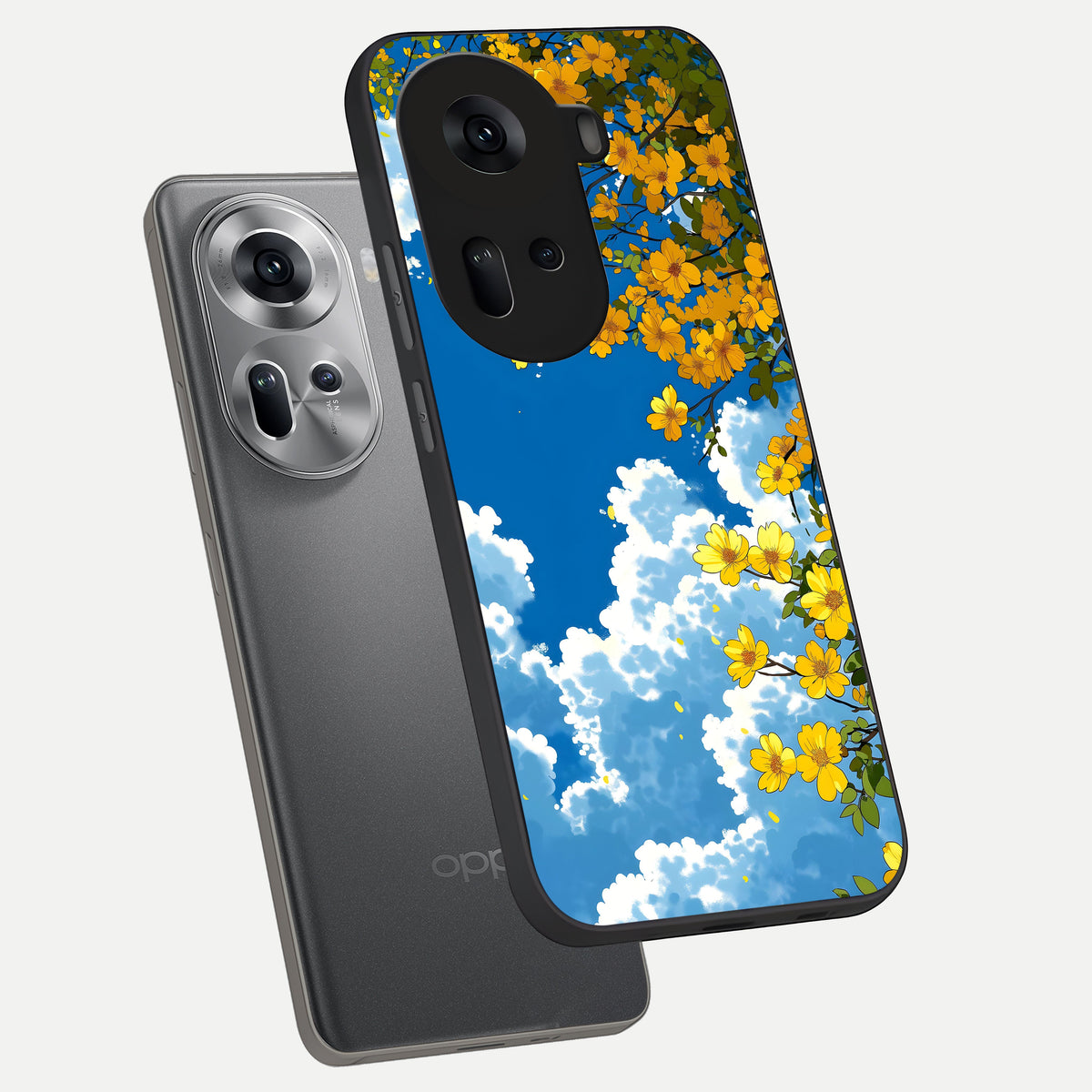  Golden Petal Sky phone case For Oppo Reno 11 5G showing premium glass back cover with detailed artwork