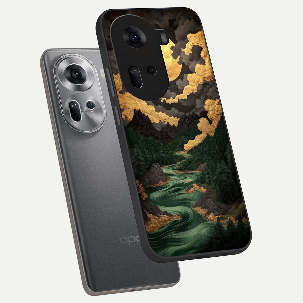  Golden River Moon phone case For Oppo Reno 11 5G showing premium glass back cover with detailed artwork