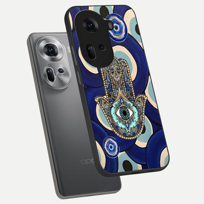  Hamsa Divine Guard phone case For Oppo Reno 11 5G showing premium glass back cover with detailed artwork