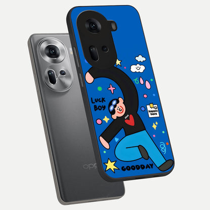 Happy Luck Vibe phone case For Oppo Reno 11 5G showing premium glass back cover with detailed artwork