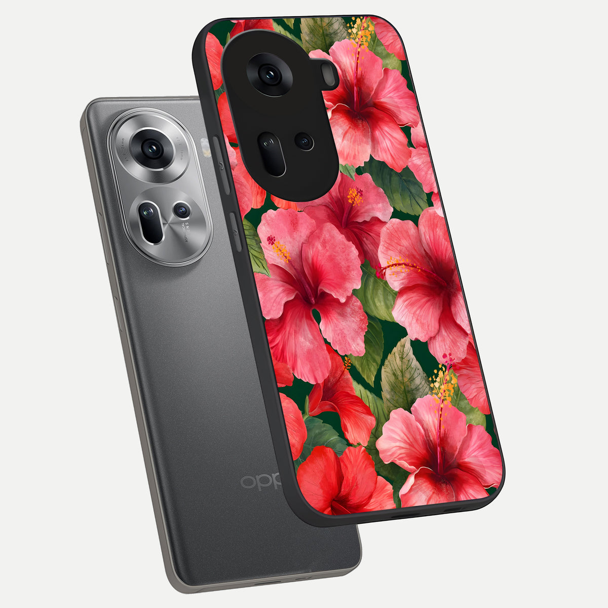  Hibiscus Pattern phone case For Oppo Reno 11 5G showing premium glass back cover with detailed artwork