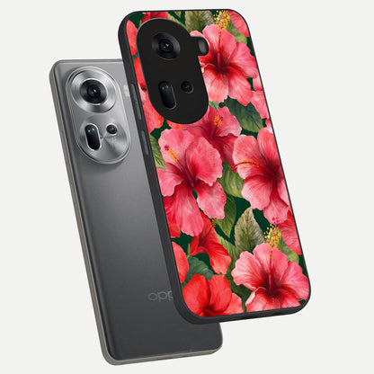  Hibiscus Pattern phone case For Oppo Reno 11 5G showing premium glass back cover with detailed artwork