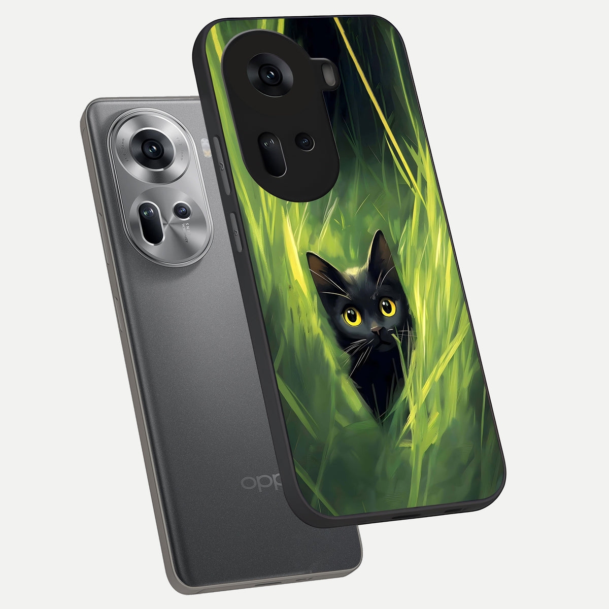  Hidden Cat Whisper phone case For Oppo Reno 11 5G showing premium glass back cover with detailed artwork