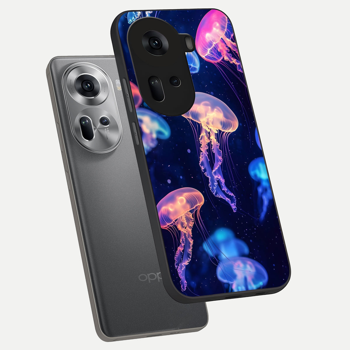  Jellyfish Pattern phone case For Oppo Reno 11 5G showing premium glass back cover with detailed artwork
