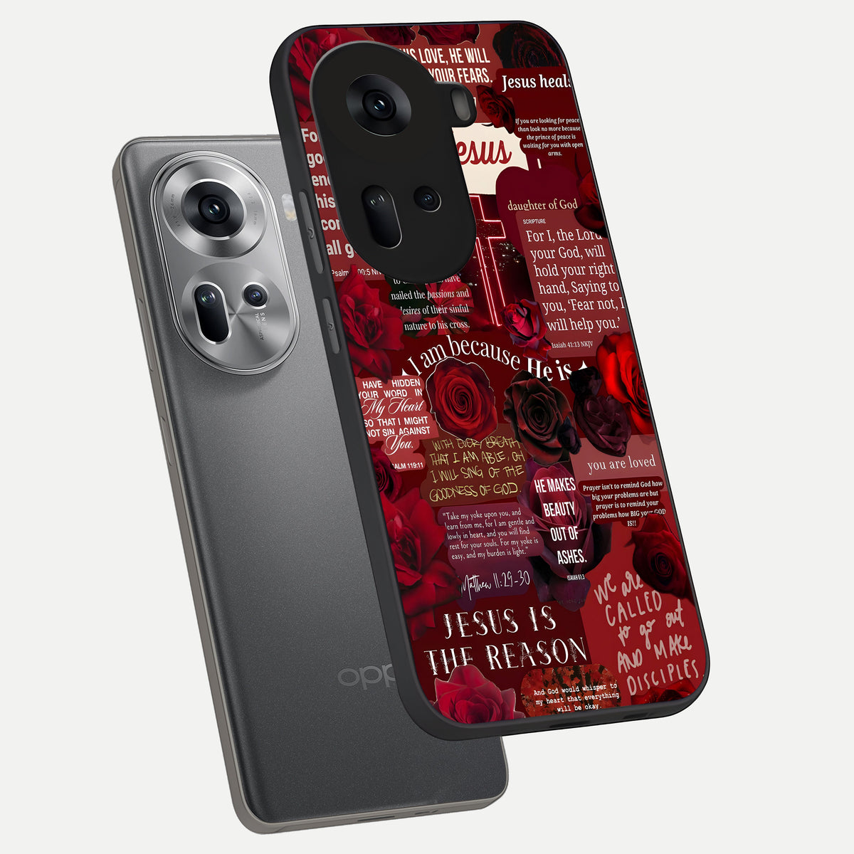  Jesus Love Heals phone case For Oppo Reno 11 5G showing premium glass back cover with detailed artwork