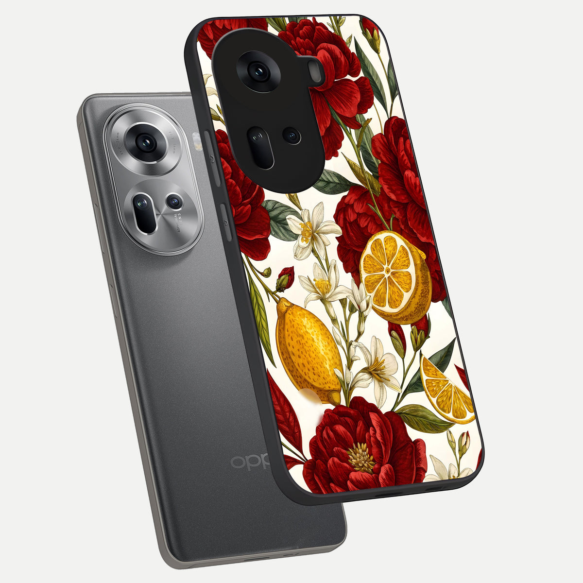  Lemon Rose Charm phone case For Oppo Reno 11 5G showing premium glass back cover with detailed artwork