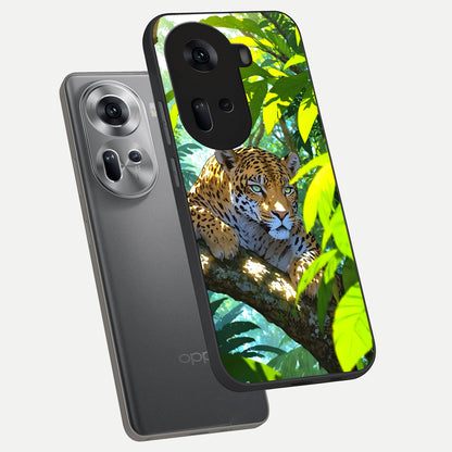  Leopard in Jungle phone case For Oppo Reno 11 5G showing premium glass back cover with detailed artwork