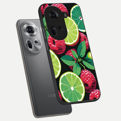  Lime and Raspberry Pattern phone case For Oppo Reno 11 5G showing premium glass back cover with detailed artwork