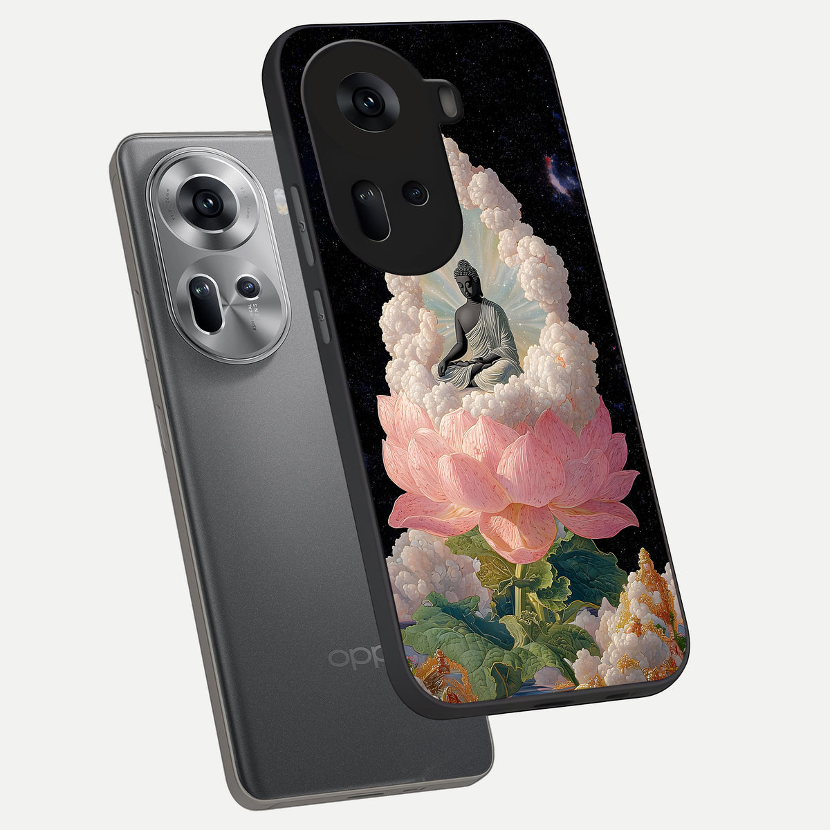  Lotus Divine Peace phone case For Oppo Reno 11 5G showing premium glass back cover with detailed artwork