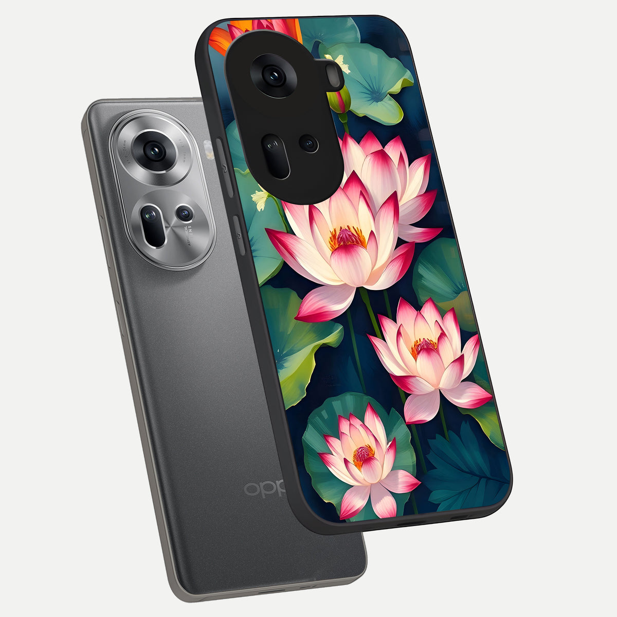  Lotus Dream Serenity phone case For Oppo Reno 11 5G showing premium glass back cover with detailed artwork