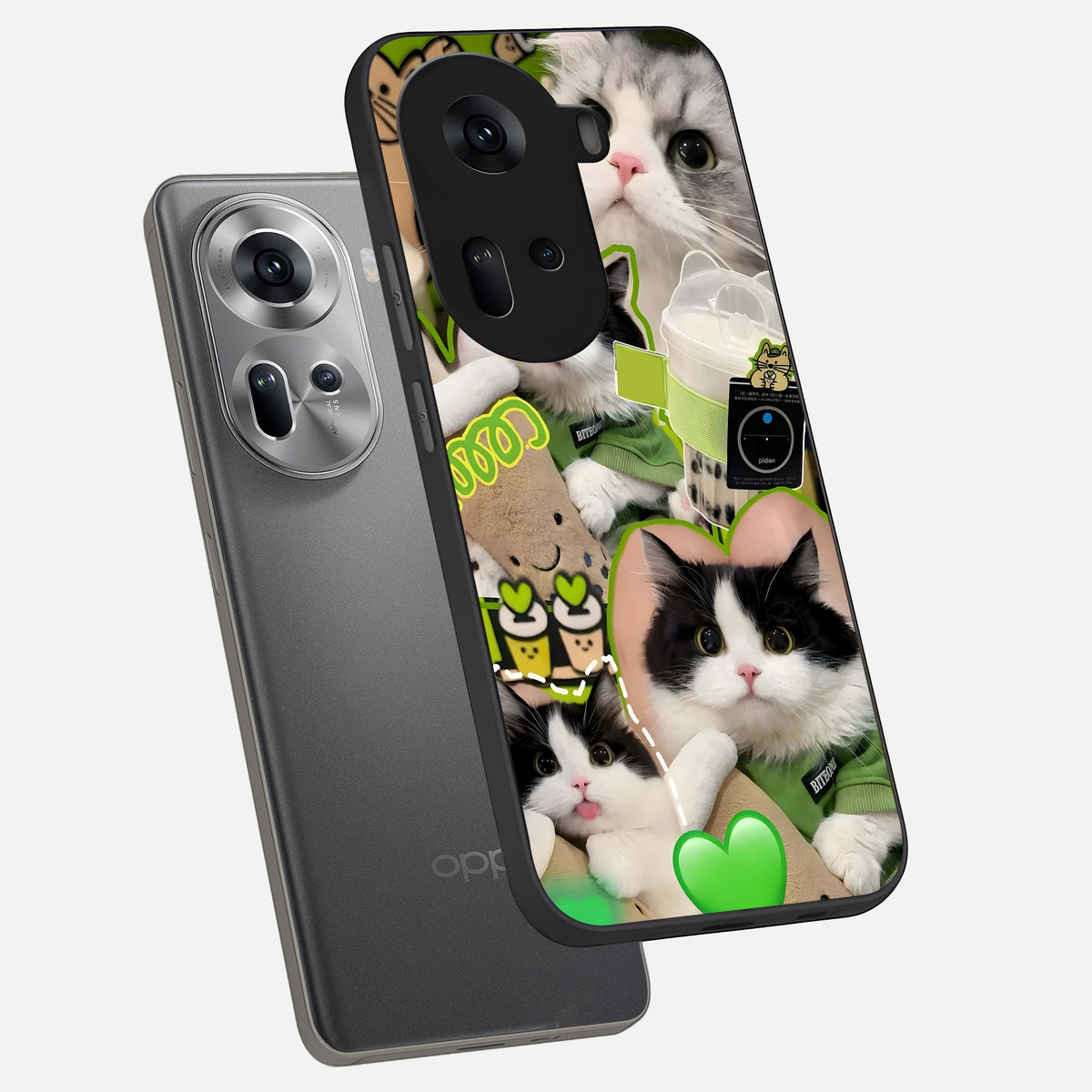  Matcha Cats Mood phone case For Oppo Reno 11 5G showing premium glass back cover with detailed artwork