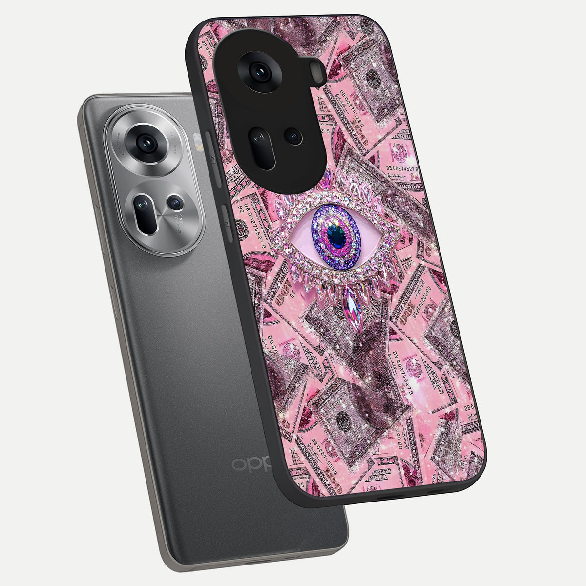  Money Eye Luxe phone case For Oppo Reno 11 5G showing premium glass back cover with detailed artwork