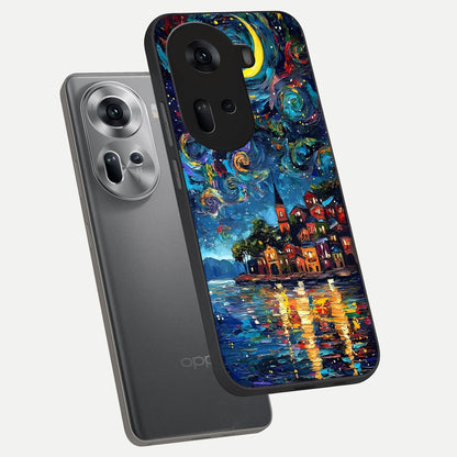  Moonlight Harbor Glow phone case For Oppo Reno 11 5G showing premium glass back cover with detailed artwork