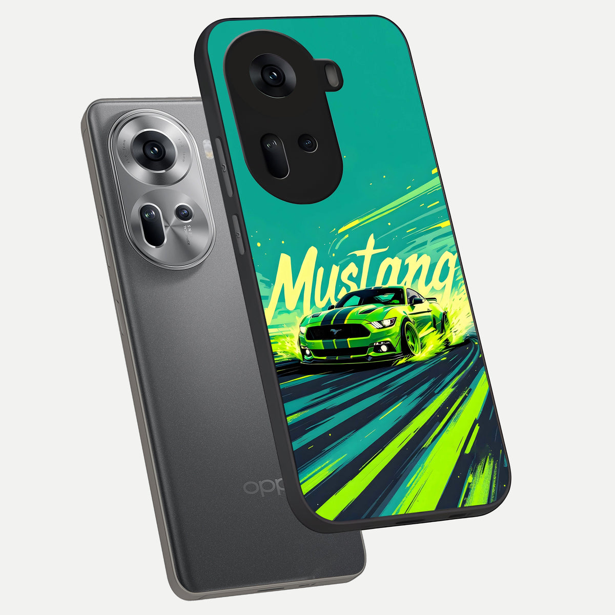  Mustang Bang phone case For Oppo Reno 11 5G showing premium glass back cover with detailed artwork