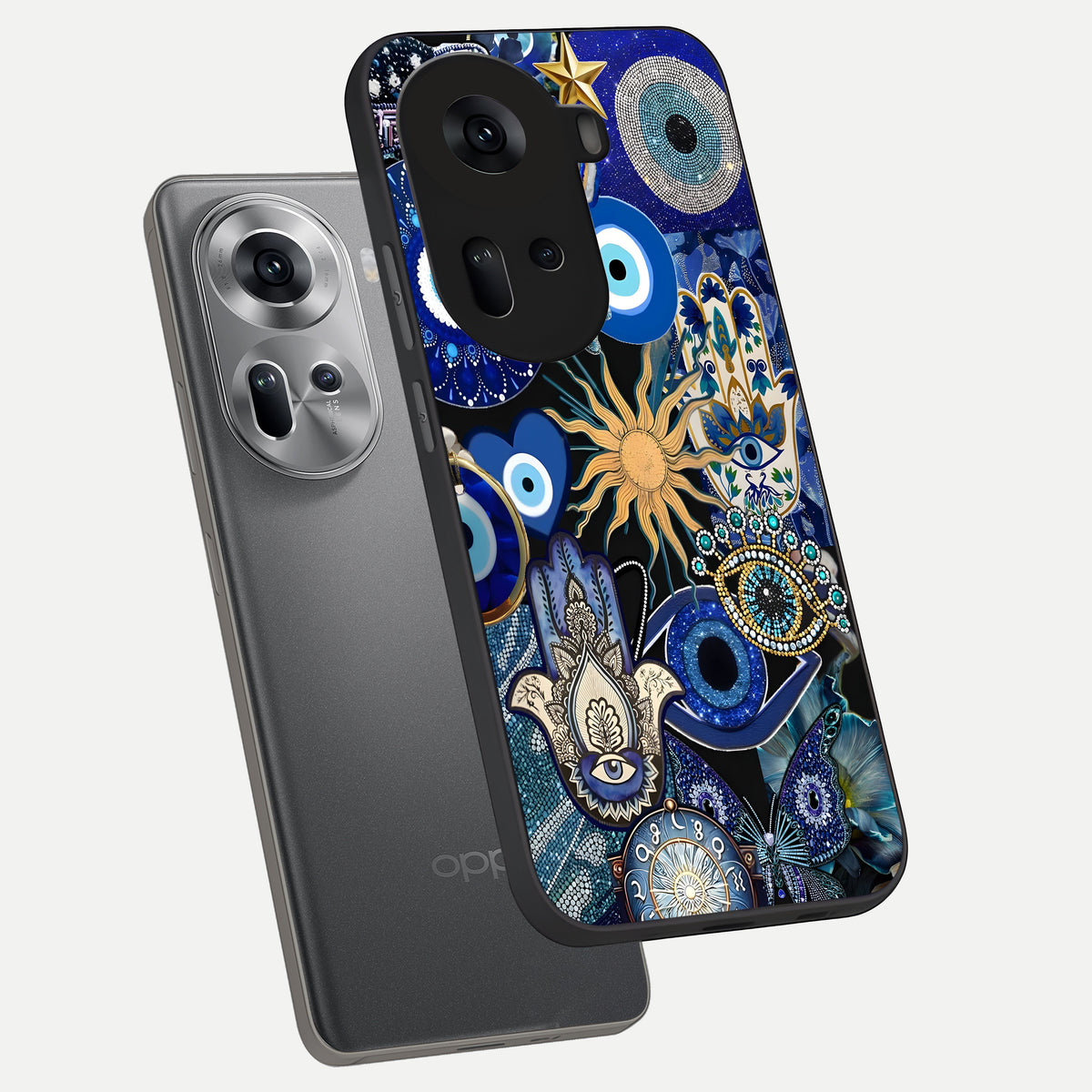  Mystic Blue Evil Eye phone case For Oppo Reno 11 5G showing premium glass back cover with detailed artwork