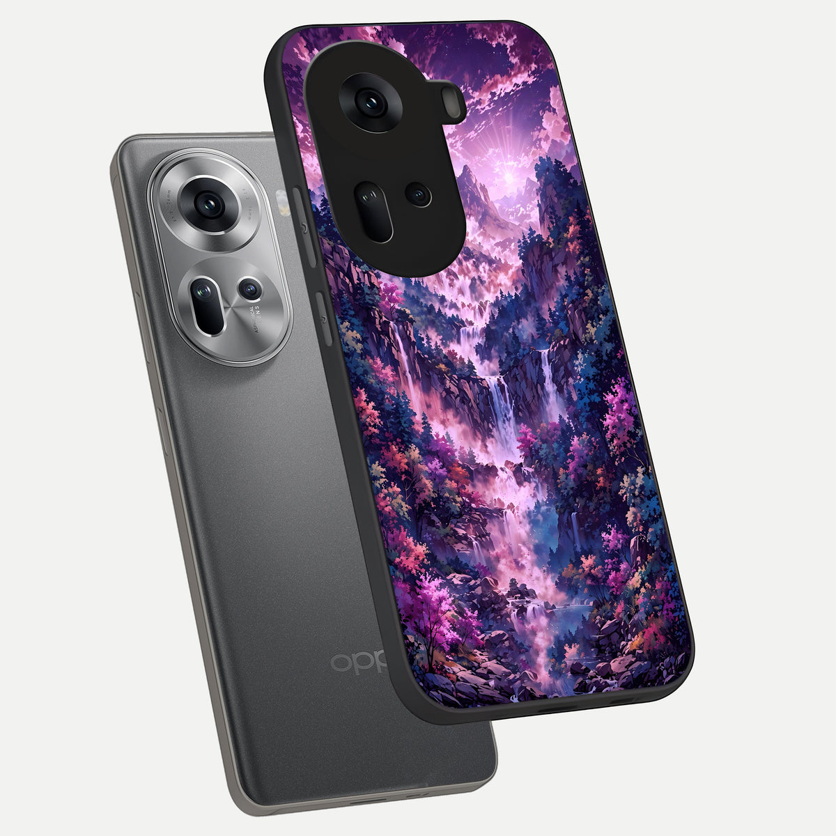  Mystic Cascade Peaks phone case For Oppo Reno 11 5G showing premium glass back cover with detailed artwork