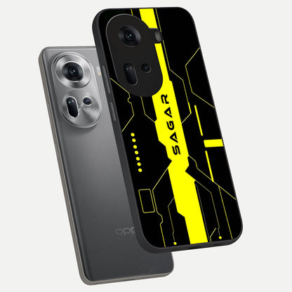  Neon CYBERPUNK Custom Name phone case For Oppo Reno 11 5G showing premium glass back cover with detailed artwork