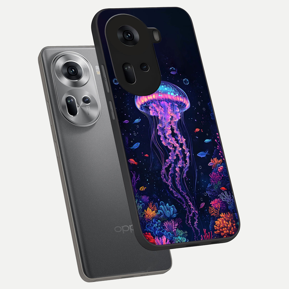  Neon Jellyfish phone case For Oppo Reno 11 5G showing premium glass back cover with detailed artwork