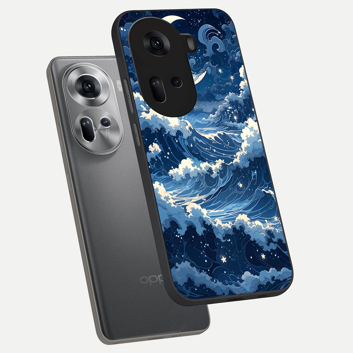  Ocean Moon Waves phone case For Oppo Reno 11 5G showing premium glass back cover with detailed artwork