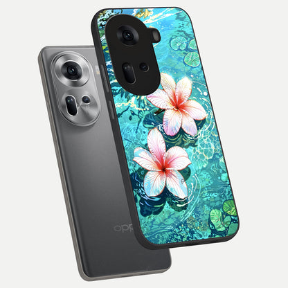  Pink Flowers in Water phone case For Oppo Reno 11 5G showing premium glass back cover with detailed artwork