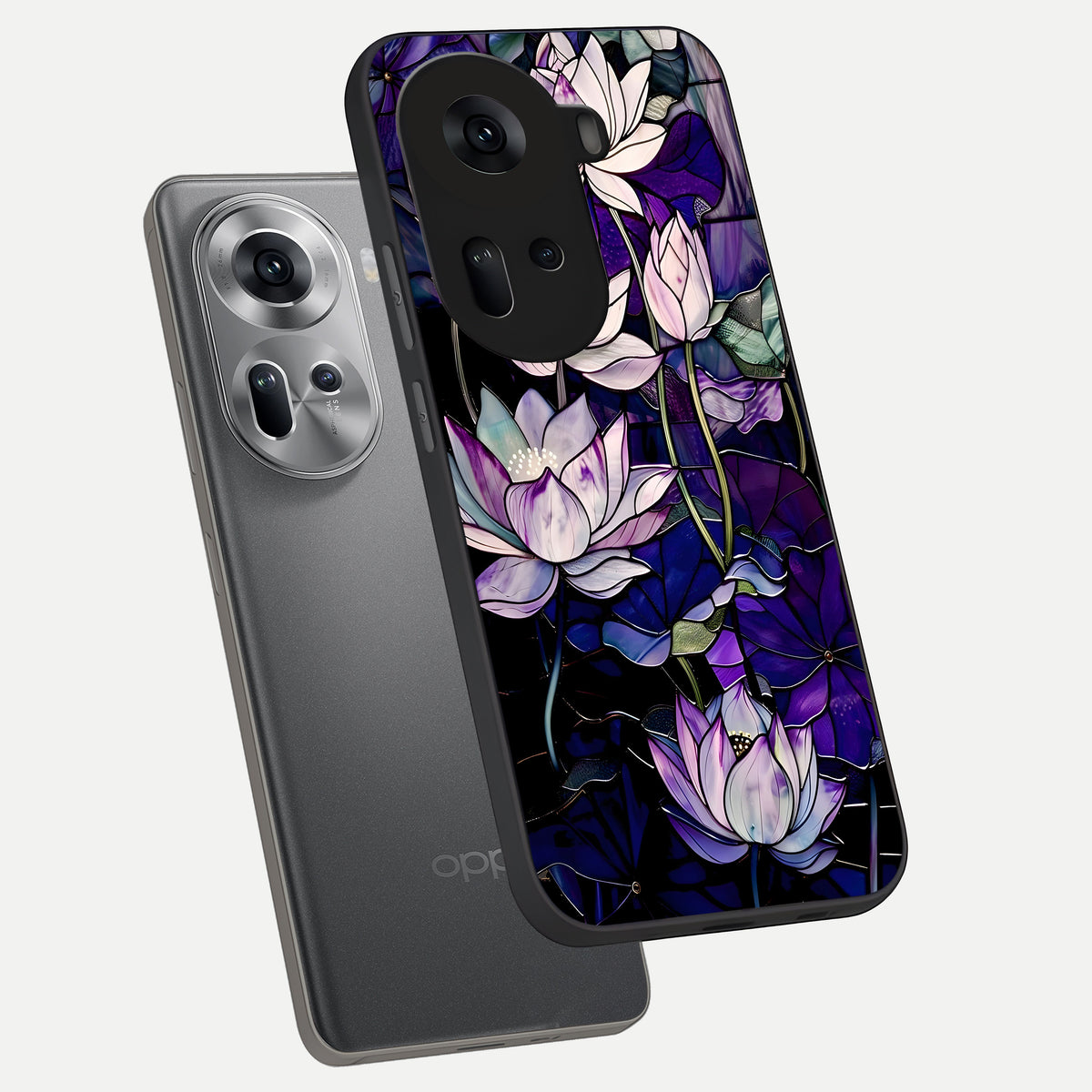  Purple Lotus Pattern phone case For Oppo Reno 11 5G showing premium glass back cover with detailed artwork