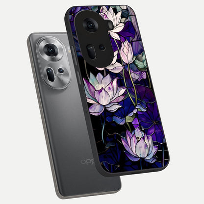  Purple Lotus Pattern phone case For Oppo Reno 11 5G showing premium glass back cover with detailed artwork