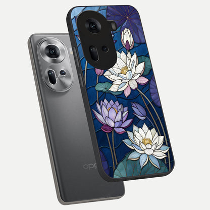  Purple Lotus Stained phone case For Oppo Reno 11 5G showing premium glass back cover with detailed artwork