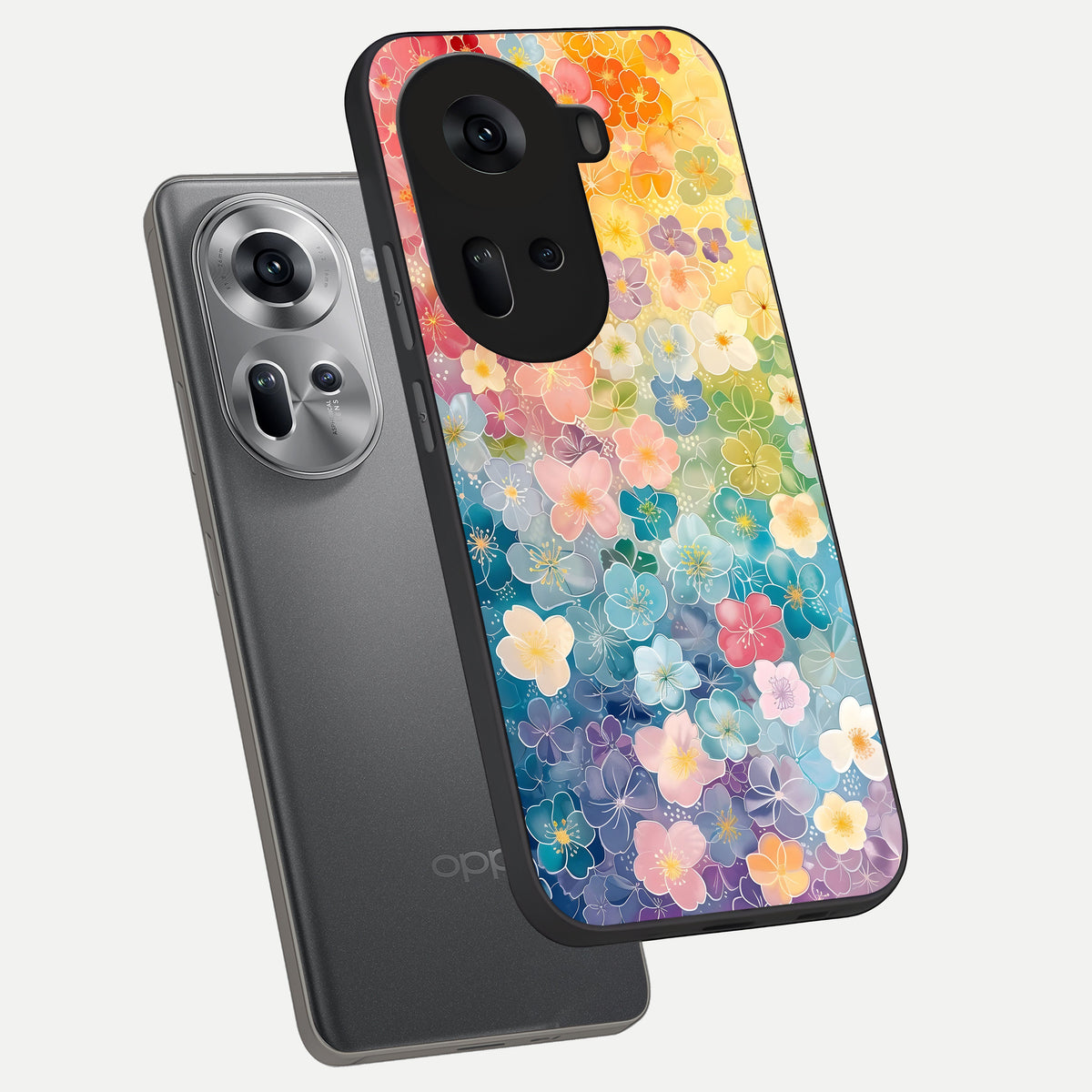  Rainbow Blossom Burst phone case For Oppo Reno 11 5G showing premium glass back cover with detailed artwork