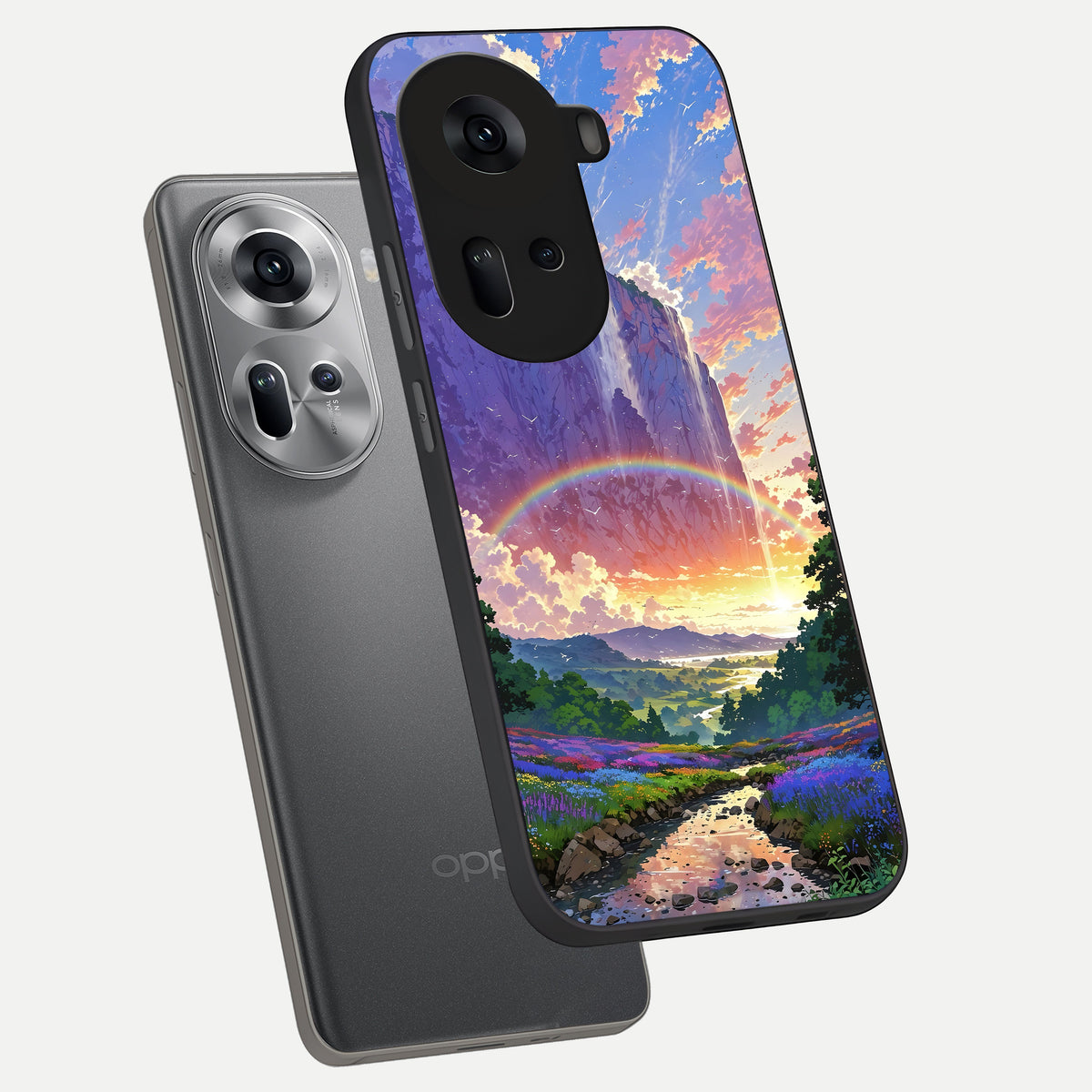  Rainbow Valley Dream phone case For Oppo Reno 11 5G showing premium glass back cover with detailed artwork