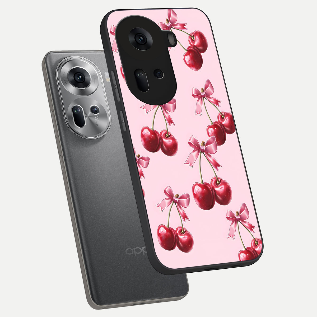  Red Cherries Pattern phone case For Oppo Reno 11 5G showing premium glass back cover with detailed artwork