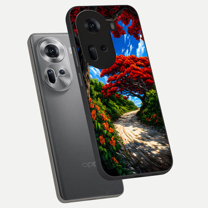  Red Trees Pathway phone case For Oppo Reno 11 5G showing premium glass back cover with detailed artwork
