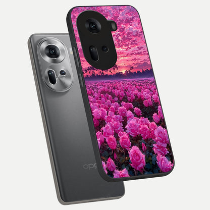  Rose Sunset Valley phone case For Oppo Reno 11 5G showing premium glass back cover with detailed artwork