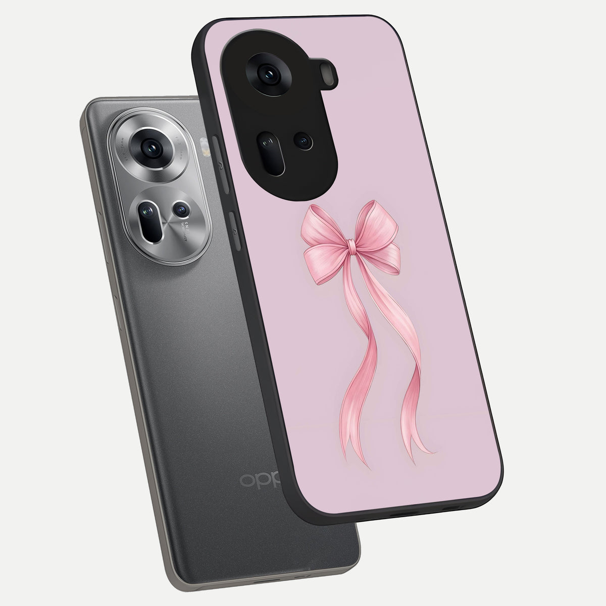  Soft Blush Bow phone case For Oppo Reno 11 5G showing premium glass back cover with detailed artwork