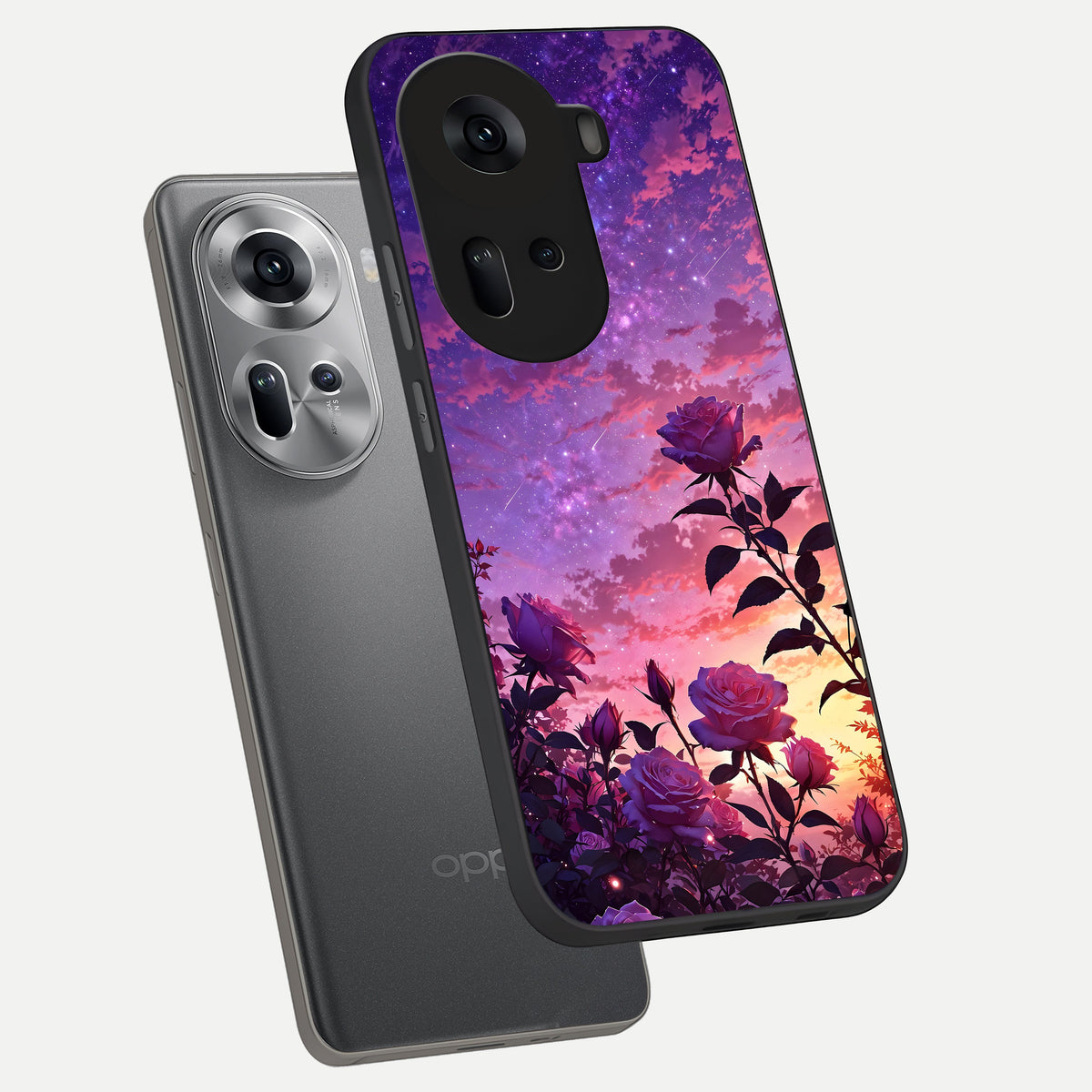  Starlit Rose Twilight phone case For Oppo Reno 11 5G showing premium glass back cover with detailed artwork