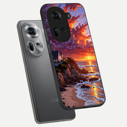  Sunset House By Sea phone case For Oppo Reno 11 5G showing premium glass back cover with detailed artwork