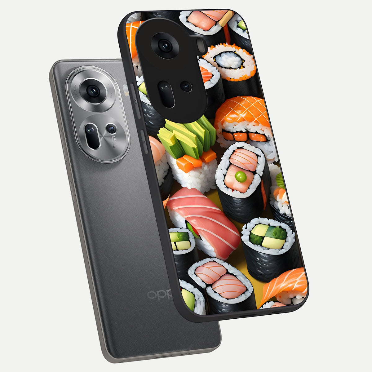  Sushi Food Pattern phone case For Oppo Reno 11 5G showing premium glass back cover with detailed artwork