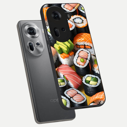  Sushi Food Pattern phone case For Oppo Reno 11 5G showing premium glass back cover with detailed artwork