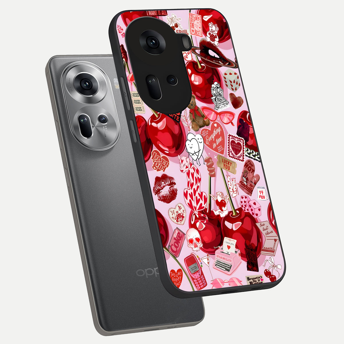  Sweet Cherry Chaos phone case For Oppo Reno 11 5G showing premium glass back cover with detailed artwork