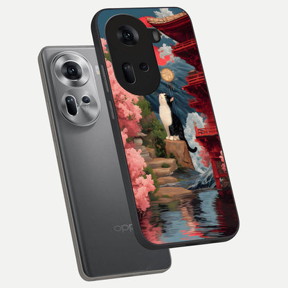  Temple Cat Scenery phone case For Oppo Reno 11 5G showing premium glass back cover with detailed artwork